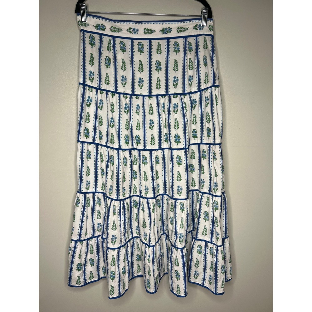 Pink City Prints Meadow Border Midi Skirt Tiered Block Print Cottagecore Size L